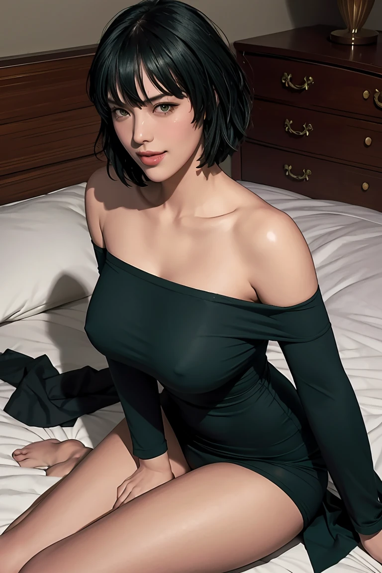 fubuki, masterpiece, best image quality, towards the camera, evil smile, Sexy tall, look straight into the camera, short hair,black nails,perfect body, seaside, green hair, off shoulder clothes, big breasts, fubuki and shes laying in bed fully naked huge  and shes blushing and spreading her legs