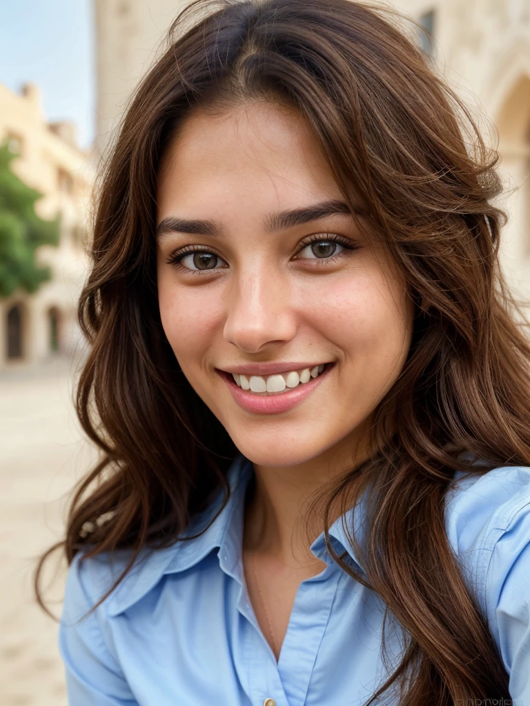 a photo-realistic selfie of a beautiful Palestinian woman with long brown hair, blue shirt, white teeth, and a cute smile, with highly detailed and realistic facial features, modest expression, and realistic white skin tone