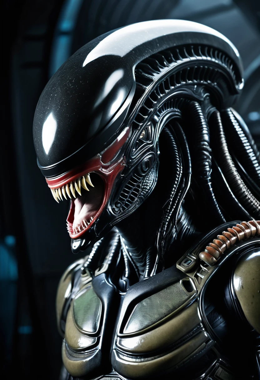 (((Very close up (((Predator fusion Xenomorph Alien the eighth passenger))),(((black color))) surreal and cinematographic images Color Splash images))),(((Front Images))),(((dreadlocks))),(((Hybrid)))