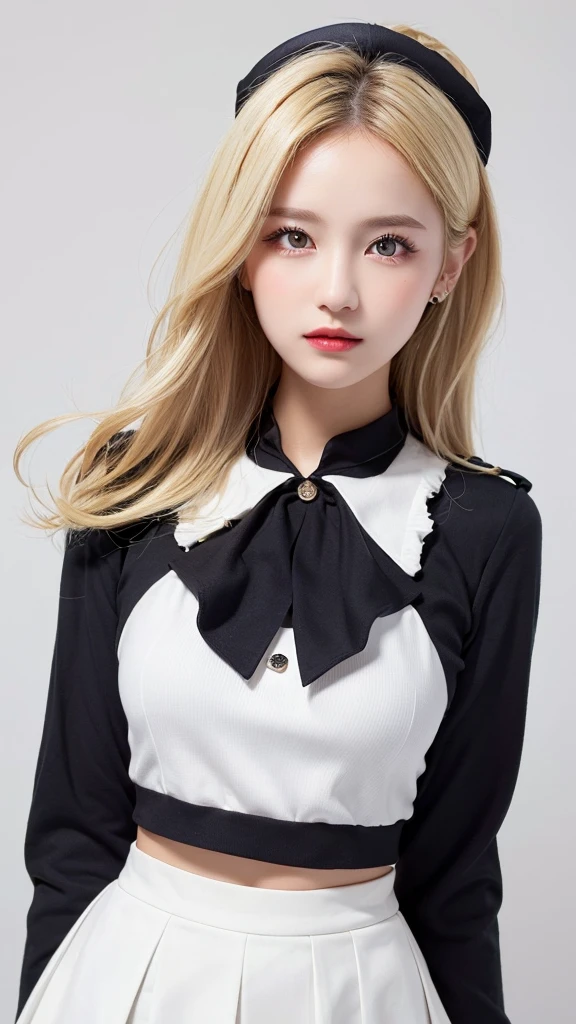 (((forehead、Blonde、Northern Europe、White people、beautiful girl、Blonde、White background、Idol、uniform、mini skirt)))、table top, highest quality, figure, super detailed, finely, High resolution, 8k wallpaper, Perfect dynamic composition, detailed and beautiful eyes, Deco out,bionde, medium hair, super big breasts, Natural color lip,white background, random cute poses,frill dress