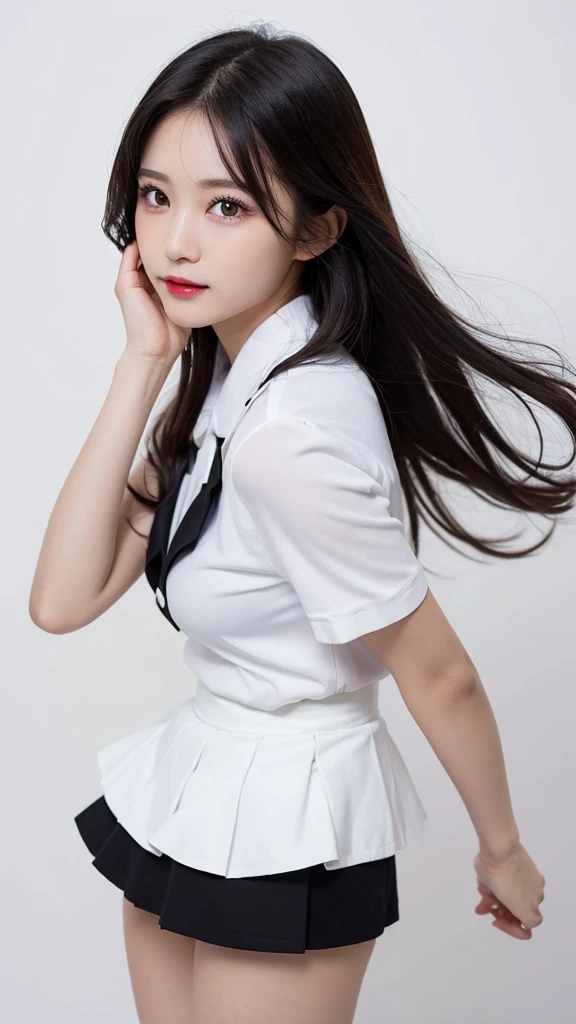 (((forehead、Northern Europe、White people、beautiful girl、Black Hair、White background、Idol、uniform、)))、table top, highest quality, figure, super detailed, finely, High resolution, 8k wallpaper, Perfect dynamic composition, detailed and beautiful eyes, Deco out,bionde, medium hair, super big breasts, Natural color lip,white background, random cute poses,frill dress