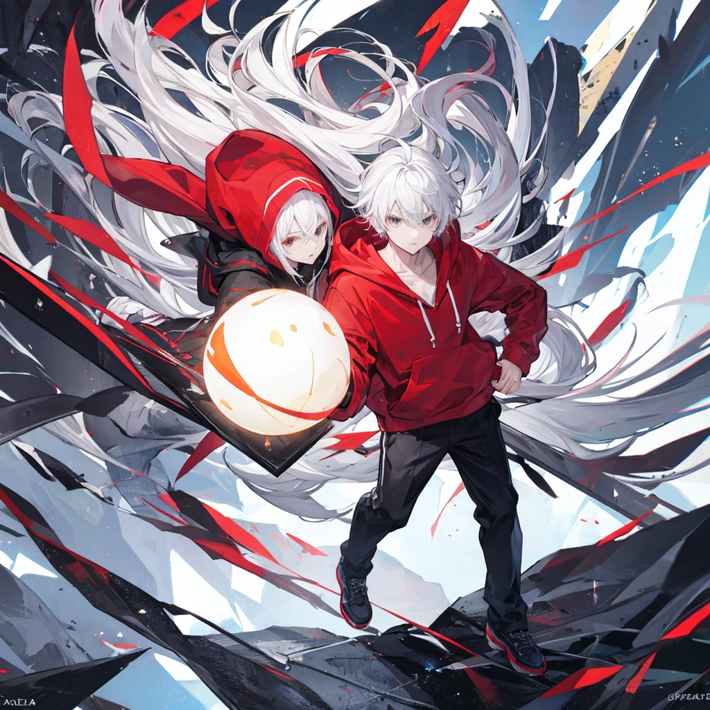 A man wearing a red hoodie with cool white hair holding a large ball, full body
