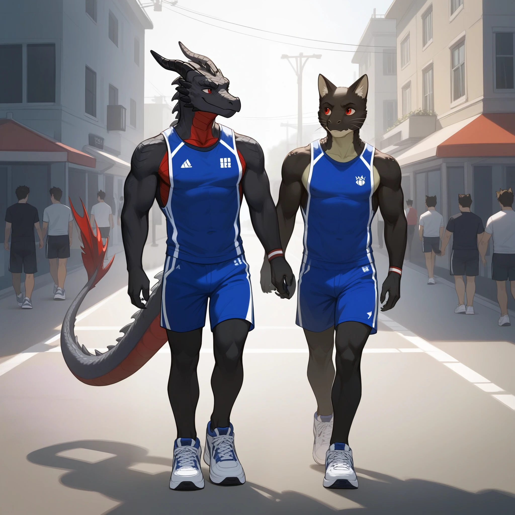 Duo, Score_9, score_8_up, an anthro dragon male, tall, athletic body, black and red dragon male, (black and red scaley body):1.3, black dragon, red eyes, he is wearing a blue sports jersey and shorts with white sneakers, walking, looking to his left at other character, he is with an Anthro furry female cat girl, they are outdoors, simple background