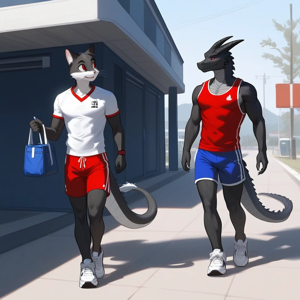 Duo, Score_9, score_8_up, an anthro dragon male, tall, athletic body, black and red dragon male, (black and red scaley body):1.3, black dragon, red eyes, he is wearing a blue sports jersey and shorts with white sneakers, walking, looking to his left at other character, he is with an Anthro furry female cat girl, they are outdoors, simple background