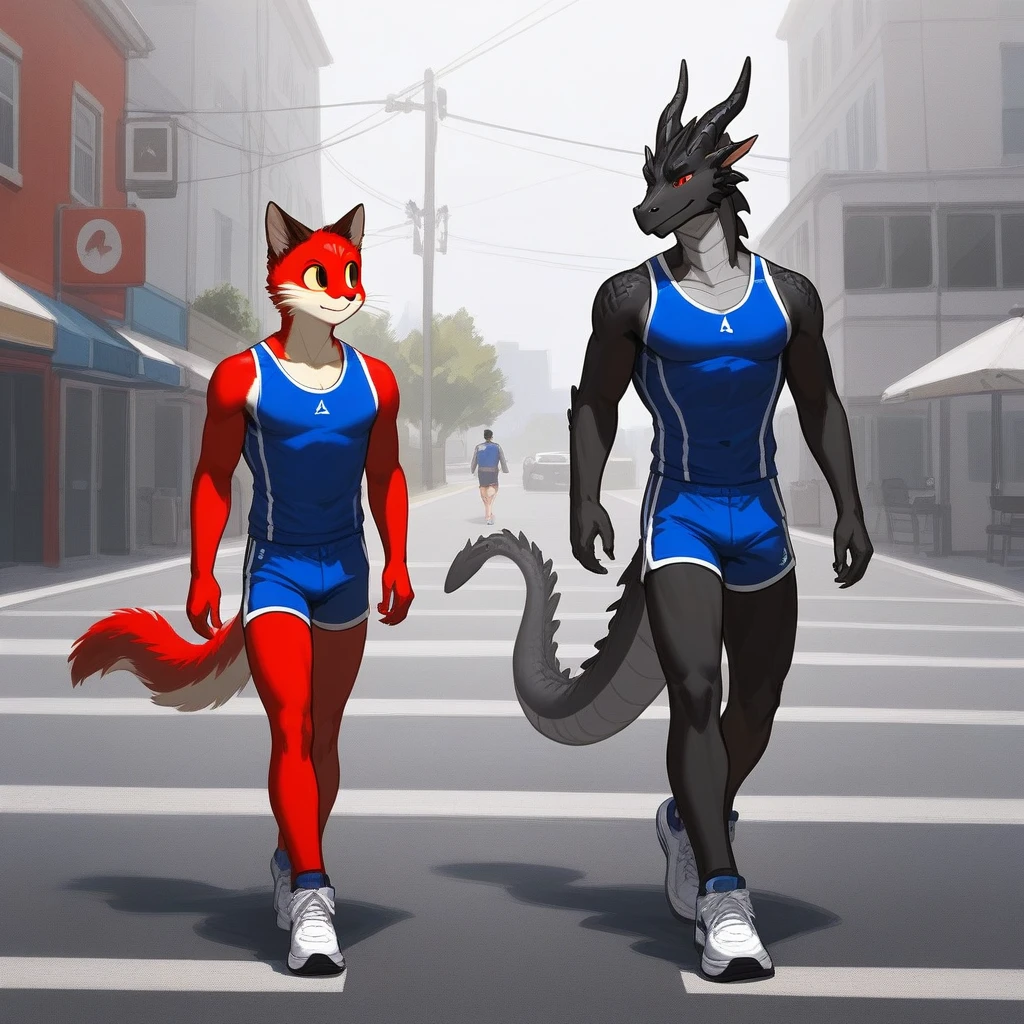 Duo, Score_9, score_8_up, an anthro dragon male, tall, athletic body, black and red dragon male, (black and red scaley body):1.3, black dragon, red eyes, he is wearing a blue sports jersey and shorts with white sneakers, walking, looking to his left at other character, he is with an Anthro furry female cat girl, they are outdoors, simple background