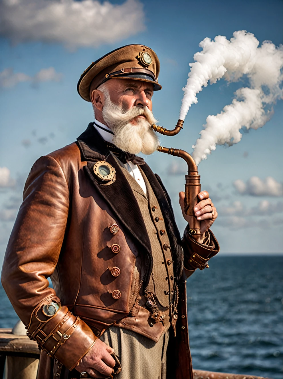 photo focus on male focus, outdoors by the sea, realistic scenery, (captain nemo:1.1), cloud buster, cluster of six small copper pipes pointing upwards , steampunk nautilus-style. very wide shot, character photo portrait, film, professional,