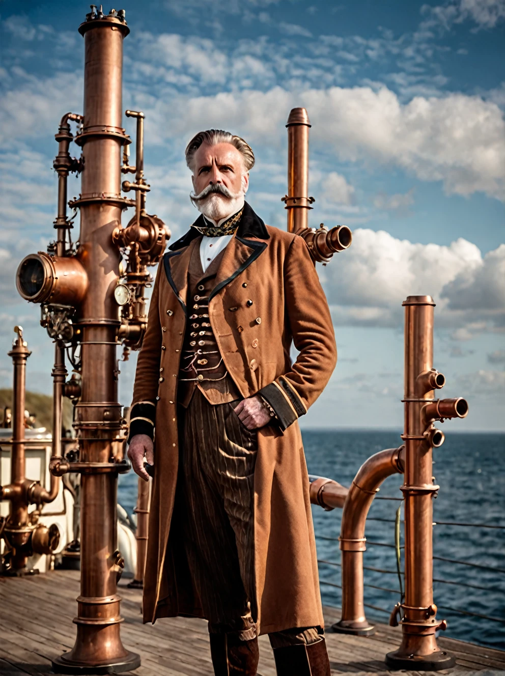 photo focus on male focus, outdoors by the sea, realistic scenery, (captain nemo:1.1), cloud buster, cluster of six small copper pipes pointing upwards , steampunk nautilus-style. very wide shot, character photo portrait, film, professional,