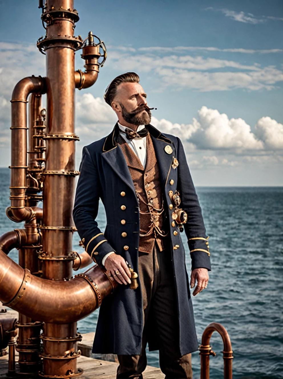 photo focus on male focus, outdoors by the sea, realistic scenery, (captain nemo:1.1), cloud buster, cluster of six small copper pipes pointing upwards , steampunk nautilus-style. very wide shot, character photo portrait, film, professional,