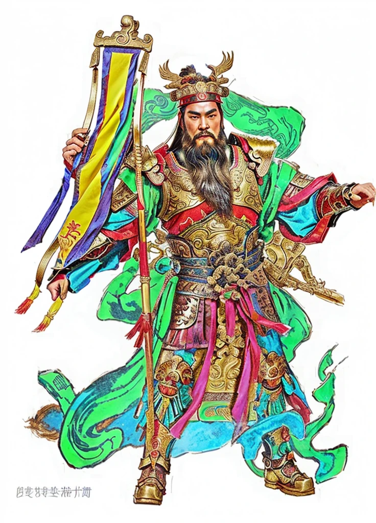 chinese mythodology, holding a long flag, ancient Chinese warrior with armour, soft deity ribbon, long beard