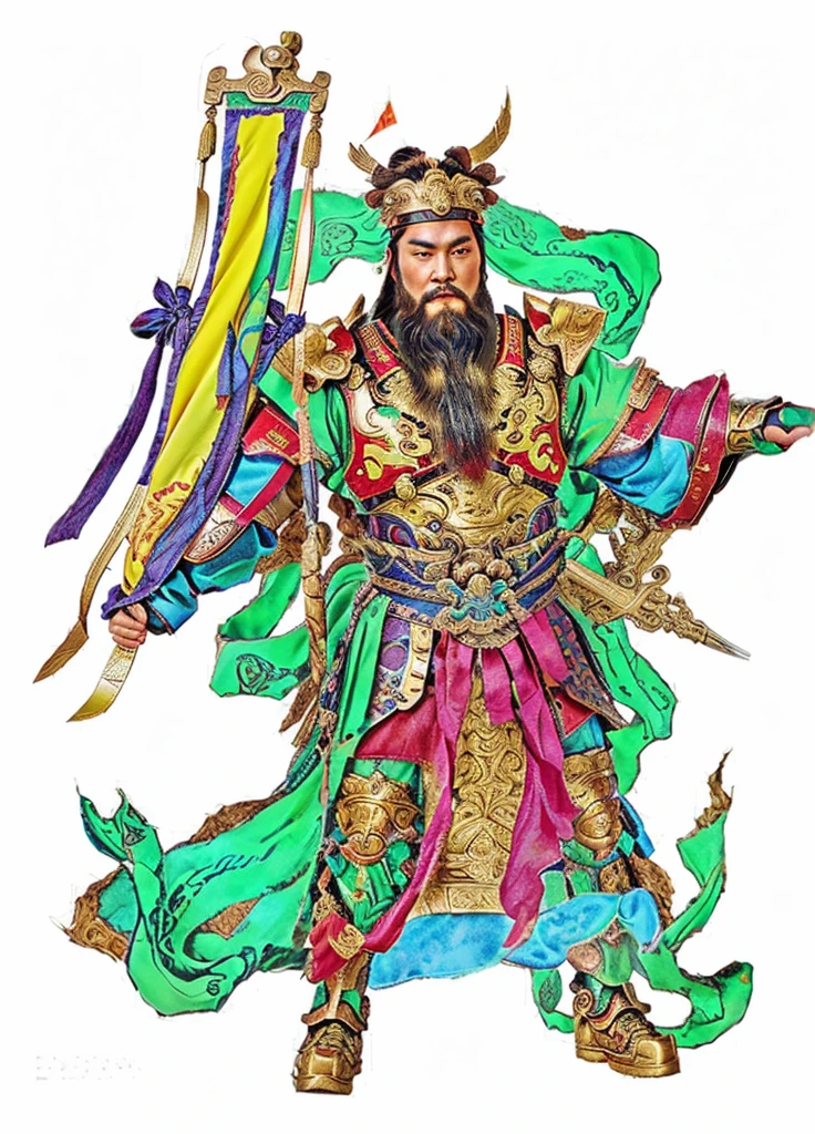 chinese mythodology, holding a long flag, ancient Chinese warrior with armour, soft deity ribbon, long beard