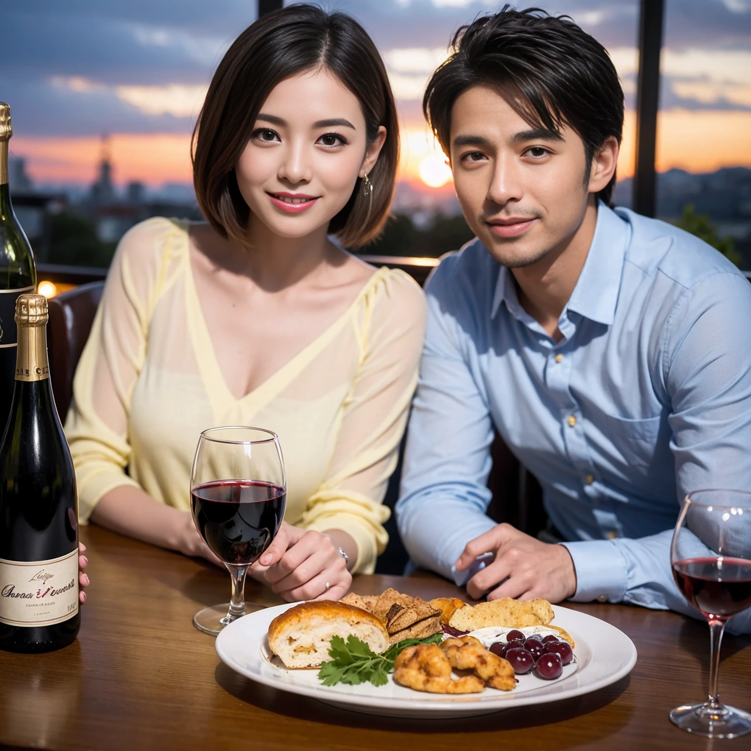 ((Highest quality、8K、masterpiece:1.3))、 (Ultra-realistic、Genuine、Bright image、Intricate details:1.2), 最高のsmile、1 male 1 female、Beautiful couple、Lovey-dovey lovers、Happy Yokohama Lovers、、Good friends、actress couple、smile、Full-course dinner at a packed table、 (Slim face), (the body is slim), (Brown Hair), (short hair), テーブルのwine glass、Please shine a light on my face、 Amazing view of the sunset sky and clouds、42 years old 39 years old, red wine 、Appetizers、Wine bottle、sparkling wine、Long sleeve shirt、dress、White wine, red wine, wine glass, 