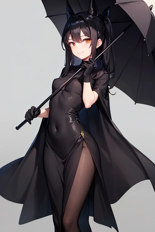 Women, long black dress, elegant smile, elegant black gloves, small elegant black boots, black umbrella in the right hand, bright golden eyes, black hair, elegant black hat.