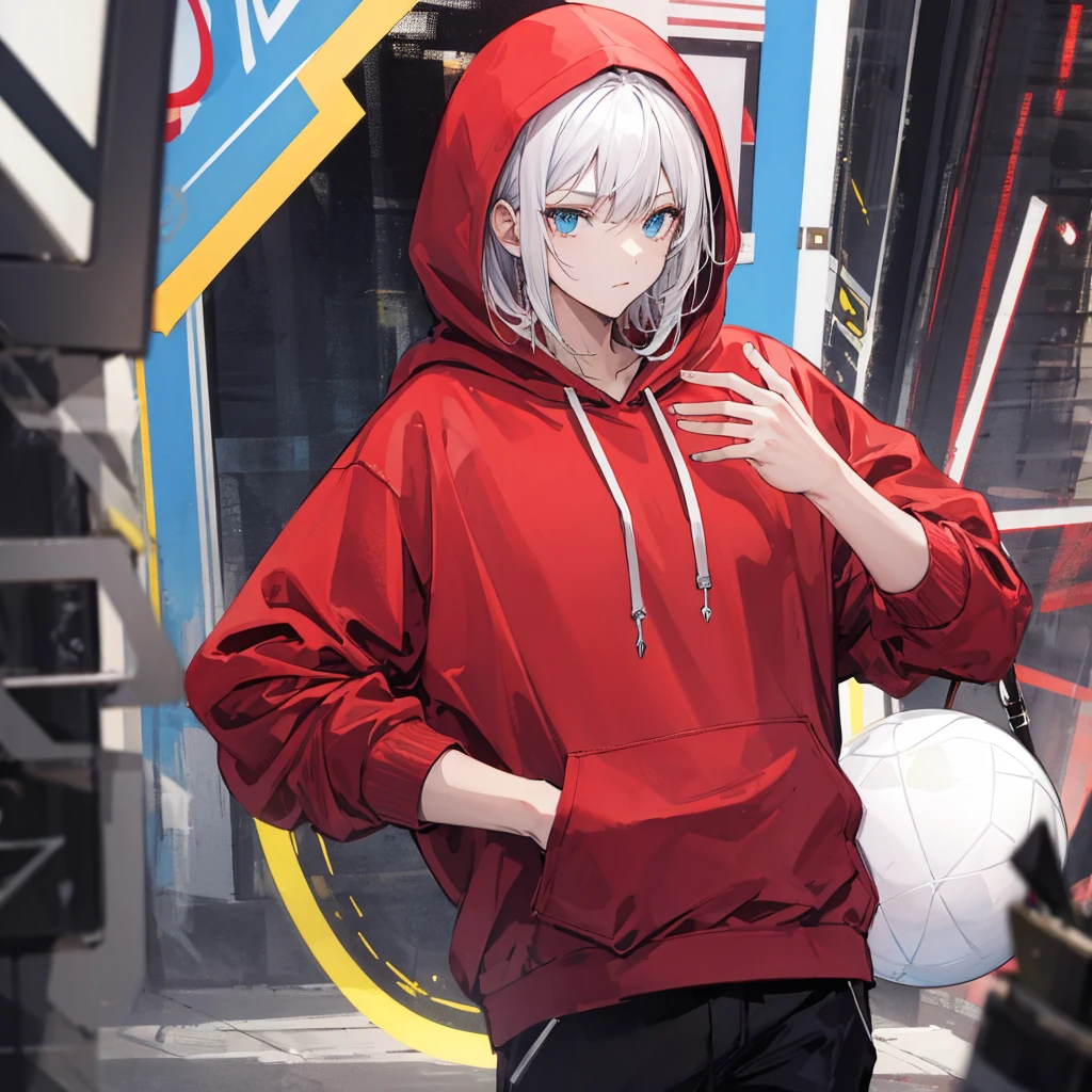 A man wearing a red hoodie with cool white hair holding a large ball