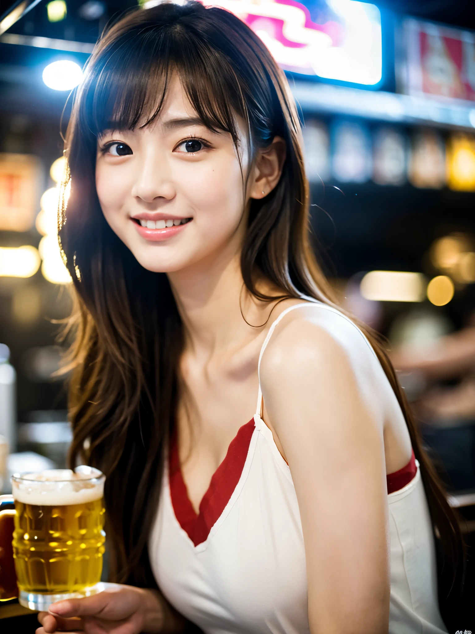 A very cute face like an idol、Looks like a young face、20-year-old female、Gentle and cute、A kind smile、White,  shirt、((whole body像))、Cleavage、A crowded bar、Toast with a beer mug、Cinema lighting、Natural light、whole body、RAW Photos、Genuine、Artistic、(High level of artistry)、High quality that is indistinguishable from real life、realism、Real Stick、High resolution、masterpiece