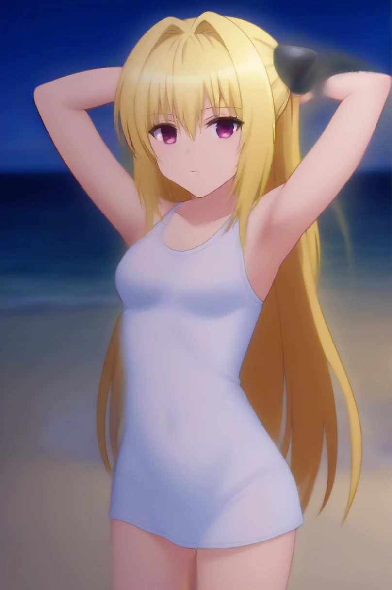 Konjiki no Yami, high quality, solo, 1girl, night sky, beach, arms behind head, (contrapposto), closed mouth, spread armpits, (cowboy shot:1.5), looking at viewer, expressionless, best quality,