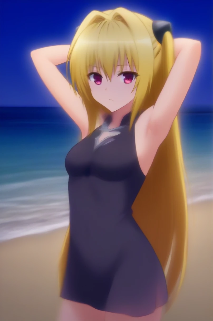 Konjiki no Yami, high quality, solo, 1girl, night sky, beach, arms behind head, (contrapposto), closed mouth, spread armpits, (cowboy shot:1.5), looking at viewer, expressionless, best quality,