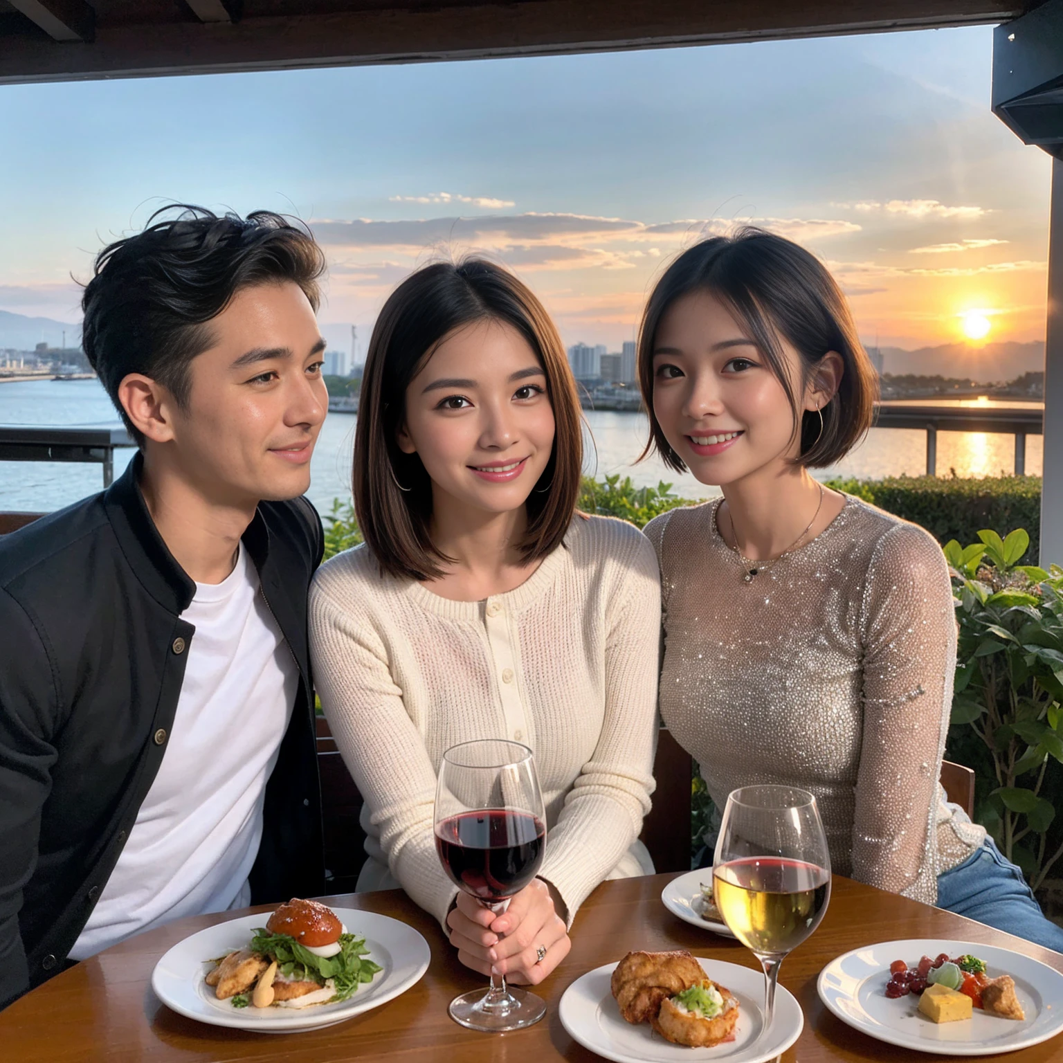 ((Highest quality、8K、masterpiece:1.3))、 (Ultra-realistic、 Genuine、Bright image、Intricate details:1.2), 最高のsmile、1 male 1 female、Beautiful couple、Lovey-dovey lovers、Happy Yokohama Lovers、Good friends、actress couple、smile、Full-course dinner at a packed table、 (Slim face), (the body is slim), (Brown Hair), (short hair), テーブルのwine glass、Please shine a light on my face、 Amazing view of the sunset sky and clouds、42 years old 39 years old, red wine 、Appetizers、Wine bottle、sparkling wine、Long sleeve shirt、dress、White wine, red wine, wine glass,