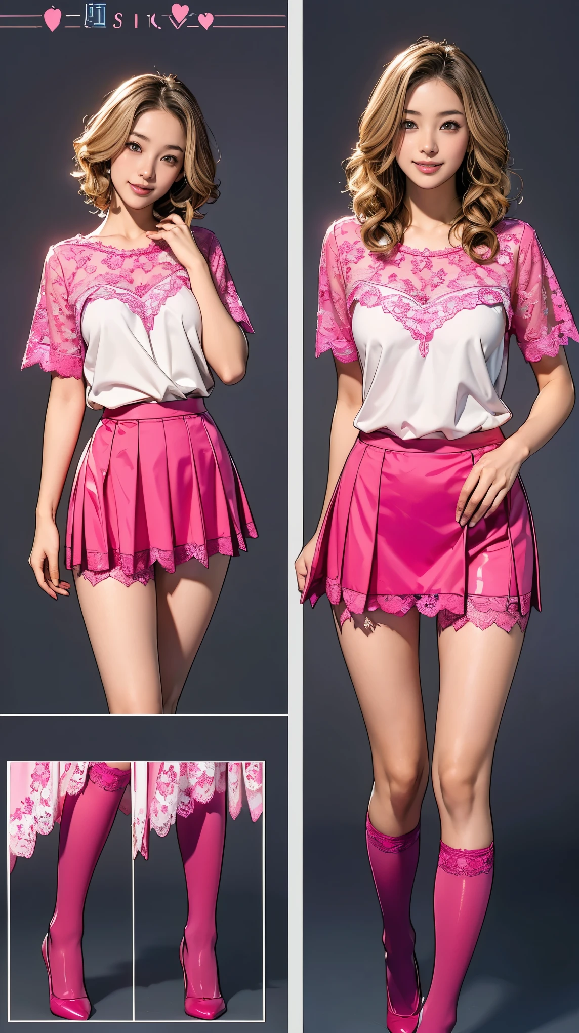 ((masterpiece)),(((Highest quality))),((Character design sheet)),Thin thighs,Long legs,A very cute 20 year old young woman from Japan..， ((Thin hair that is somewhere between brown and blonde)), ((Short hair with side waves)),Medium bust size､(Curly Hair)，(((A very kind smile))), (((She wears pink, Red and magenta lace panties)))，(((Wearing a black tight skirt, but、it is&#39;turned over in her hands.)))，(((He is wearing a black and white striped shirt.。)))  Highly detailed lips, Beautiful Eyes, City Street，