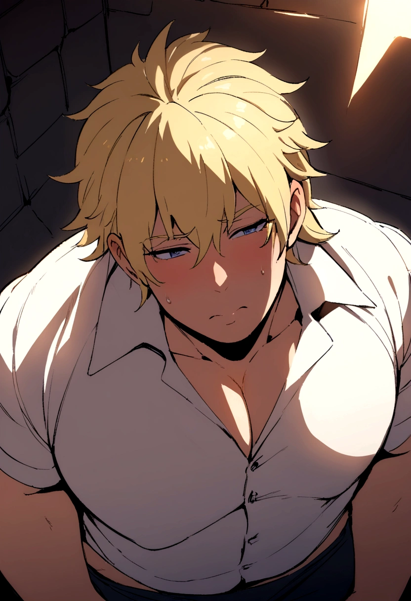 best quality, masterpiece, chubby man with blond hair, looks like laios touden, dungeon meshi, sexy, gay, homoerotic, extremely dramatic shadows, romantic atmosphere, perfection