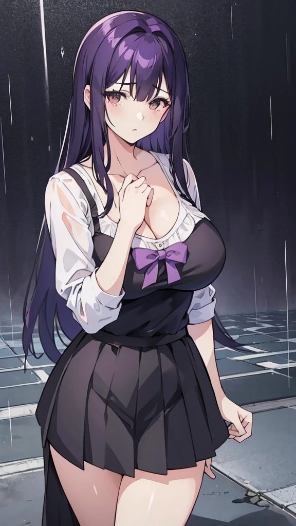 1 girl, alone, long hair, Large Breasts, cleavage, Brown eyes, OK, purple hair, Black skirt, ,Short skirt,  , Mature female, widow, (masterpiece: 1.0), (最OK_quality: 1.0), silence，rain，cloudy day，tombstone