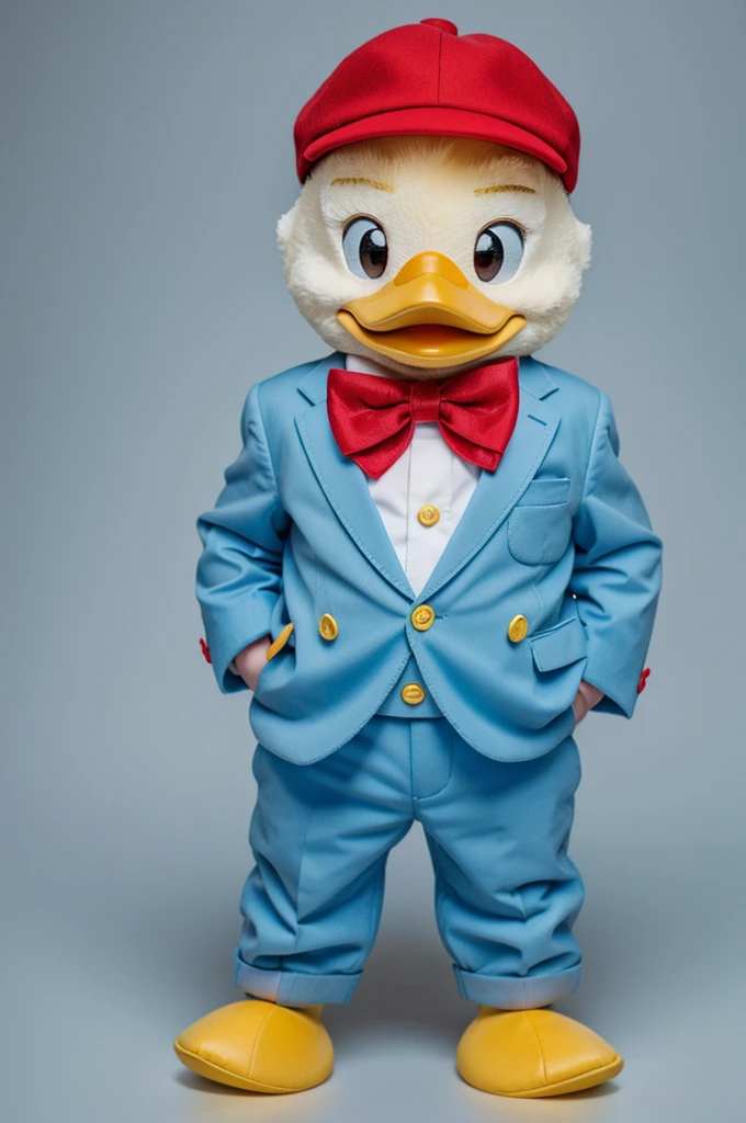 Baby Donald Duck with red hat, light blue suit and yellow bow