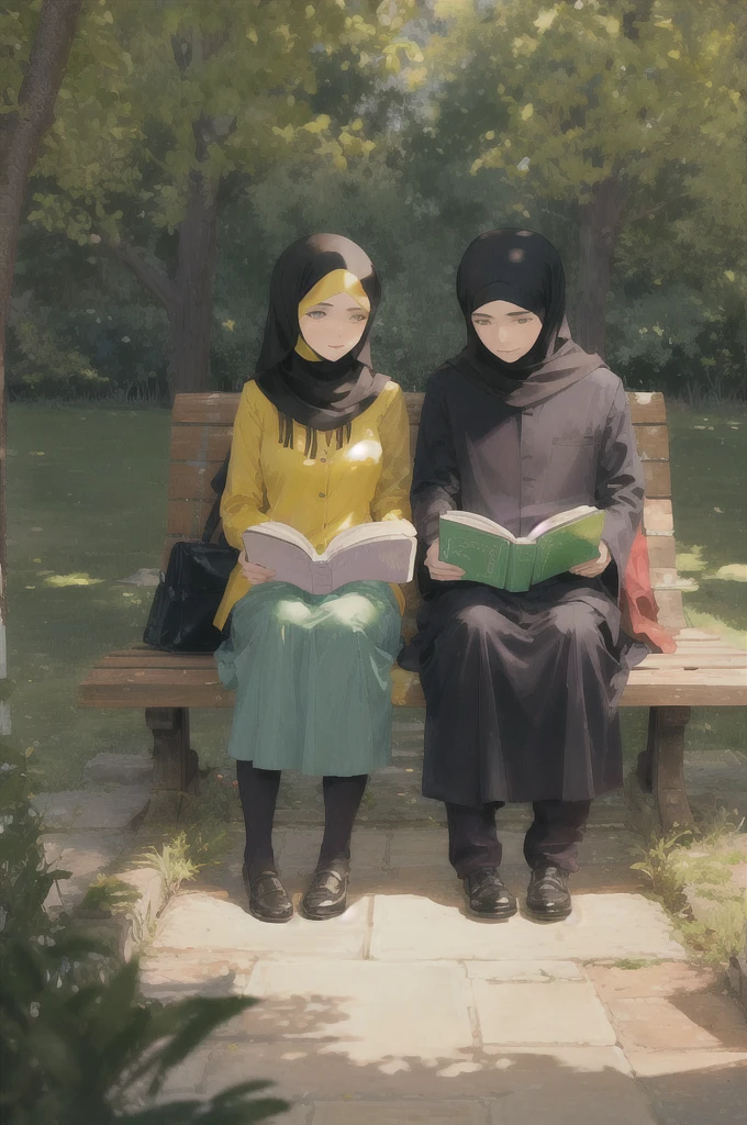 Muslim couple sitting under tree reading book.