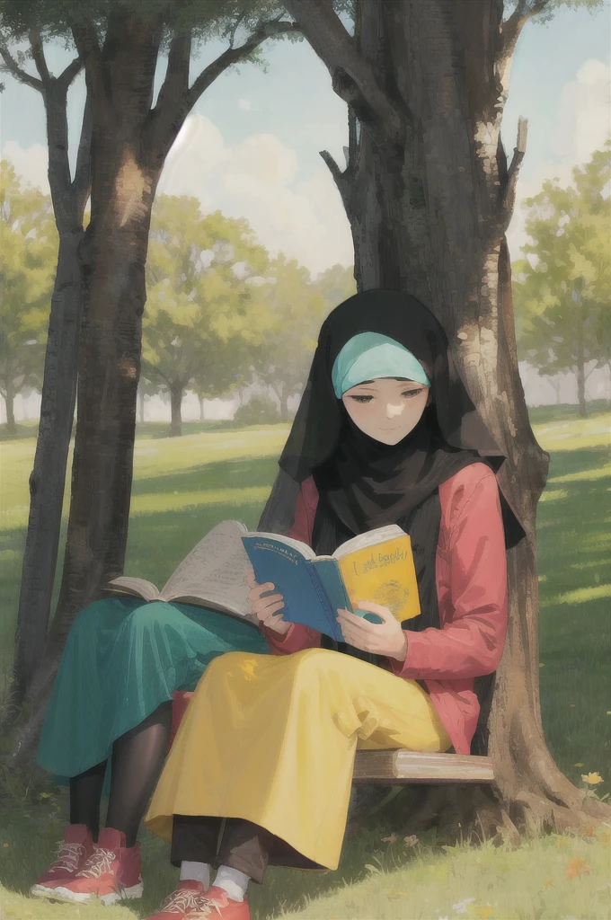 Muslim couple sitting under tree reading book.