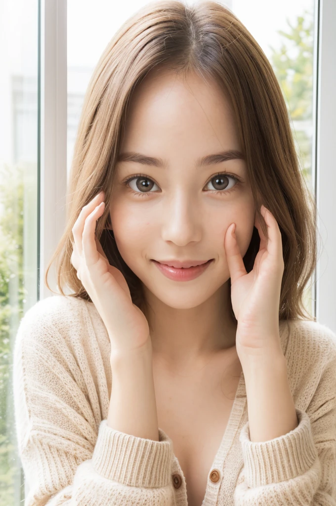 A young woman pressing her face and hands against a glass window, displaying a playful and surprised expression with wide eyes and pursed lips. She is wearing a light cream-colored cardigan with a buttoned top underneath, her fingers spread wide on the glass. The photo is brightly lit with natural sunlight, highlighting her youthful and cute appearance. The background is slightly blurred, showing a hint of the outdoors through the glass with soft reflections of light. The overall atmosphere is cheerful and warm, with a focus on her expressive face and hands.
