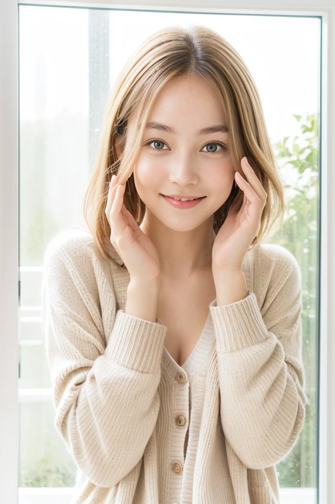 A young woman pressing her face and hands against a glass window, displaying a playful and surprised expression with wide eyes and pursed lips. She is wearing a light cream-colored cardigan with a buttoned top underneath, her fingers spread wide on the glass. The photo is brightly lit with natural sunlight, highlighting her youthful and cute appearance. The background is slightly blurred, showing a hint of the outdoors through the glass with soft reflections of light. The overall atmosphere is cheerful and warm, with a focus on her expressive face and hands.
