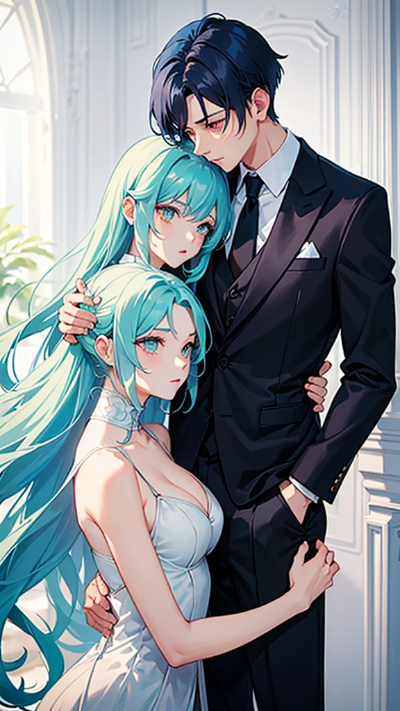A boy with blue hair, medium short hair, green eyes, height 1.84 elegant suit hugging a girl with platinum white wavy hair waist length crimson red eye color elegant clothing sexy fox race