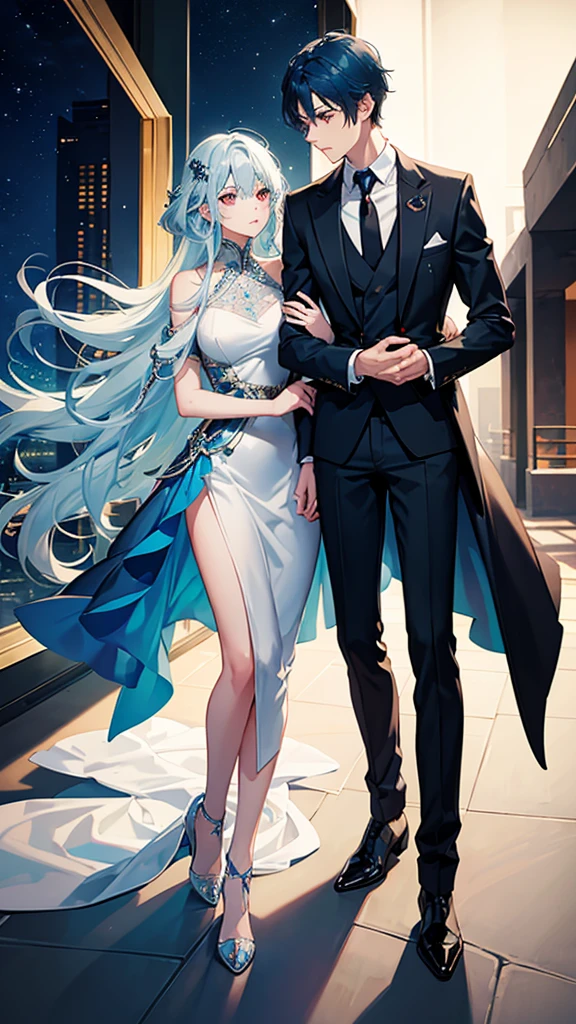 A boy with blue hair, medium short hair, green eyes, height 1.84 elegant suit hugging a girl with platinum white wavy hair waist length crimson red eye color elegant clothing sexy fox race