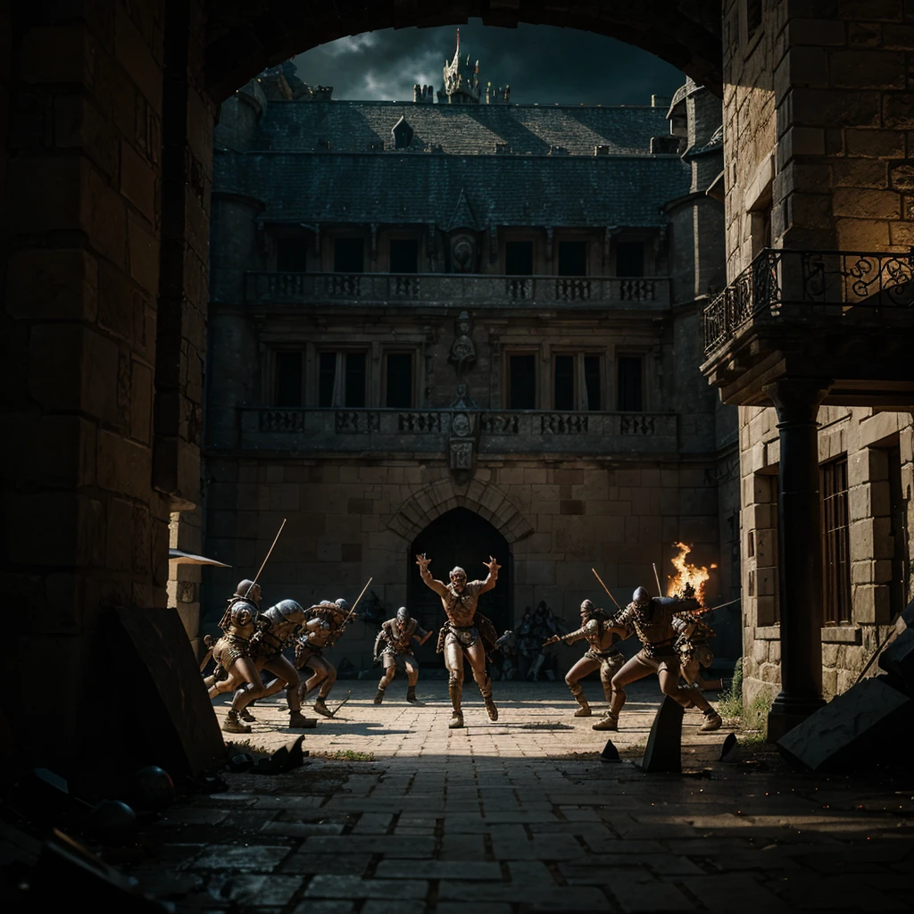Battle scene outside the castle with hordes of 3D demons.