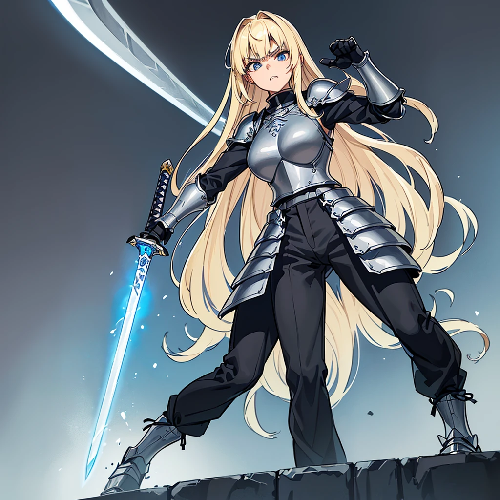 (((Solo)))、(Full body character concept)、Highest quality, Best Quality、(((Gray simple armor、Black trousers))、(woman、18-year-old)、(Blonde、Long Hair)、(Simple Background)、(get annoyed、Grit your teeth)、(From below)、Glowing blue aura、(Grab the sword、Ready your sword)、Movement angle、(斜めFrom below)