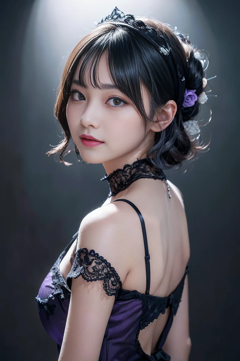 Highest quality, Super detailed, High resolution, 8K images), Very sophisticated and beautiful， ， High resolution， Round eyes， Detailed facial features， （Round pupils：1.6） （Awareness-raising）， （Beautiful and delicate eyes）， （Very very very detailed face））， Depth of written boundary， （Attractive face）， （Wicked Smile：1.3）Flower head ornament,、Exquisitely drawn beautiful faces, eyes and skin、Detailed black shiny hair frill tie、Ribbon tie、、Short Curly Hair，Bob cuts his hair((grayish-blue hair，head bands，head band)) 、（Purple sexy lingerie、Purple openwork underwear、Sheer embroidered tulle underwear set）Lace pantyhose、Lace gloves、Wedding Scarf、Pearl Necklace,、Soft fabric、beautiful rose pattern dress((Show me your)), ((Stick your butt out)),(Squat with legs apart), Fine and beautiful eyes,Perfect Proportions,(Overflowing big),(A full-body shot from behind), Very beautiful and cute girl,22 years old,(anime),Kamimei, Pitch black background,(Solid black background),alone
