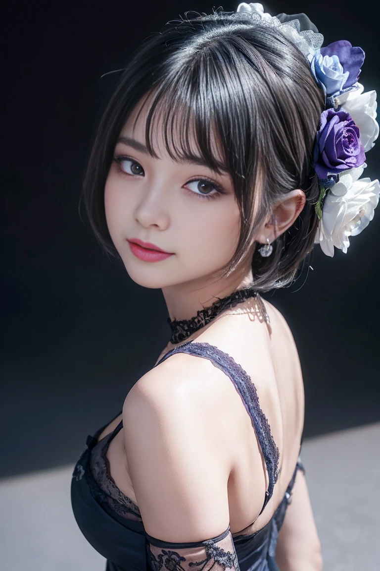 Highest quality, Super detailed, High resolution, 8K images), Very sophisticated and beautiful， ， High resolution， Round eyes， Detailed facial features， （Round pupils：1.6） （Awareness-raising）， （Beautiful and delicate eyes）， （Very very very detailed face））， Depth of written boundary， （Attractive face）， （Wicked Smile：1.3）Flower head ornament,、Exquisitely drawn beautiful faces, eyes and skin、Detailed black shiny hair frill tie、Ribbon tie、、Short Curly Hair，Bob cuts his hair((grayish-blue hair，head bands，head band)) 、（Purple sexy lingerie、Purple openwork underwear、Sheer embroidered tulle underwear set）Lace pantyhose、Lace gloves、Wedding Scarf、Pearl Necklace,、Soft fabric、beautiful rose pattern dress((Show me your)), ((Stick your butt out)),(Squat with legs apart), Fine and beautiful eyes,Perfect Proportions,(Overflowing big),(A full-body shot from behind), Very beautiful and cute girl,22 years old,(anime),Kamimei, Pitch black background,(Solid black background),alone
