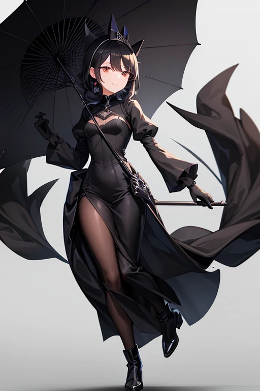 adult woman, old style long elegant black dress, elegant smile, elegant black gloves, small elegant black boots, black umbrella in the right hand, bright golden eyes, black hair, elegant black hat.