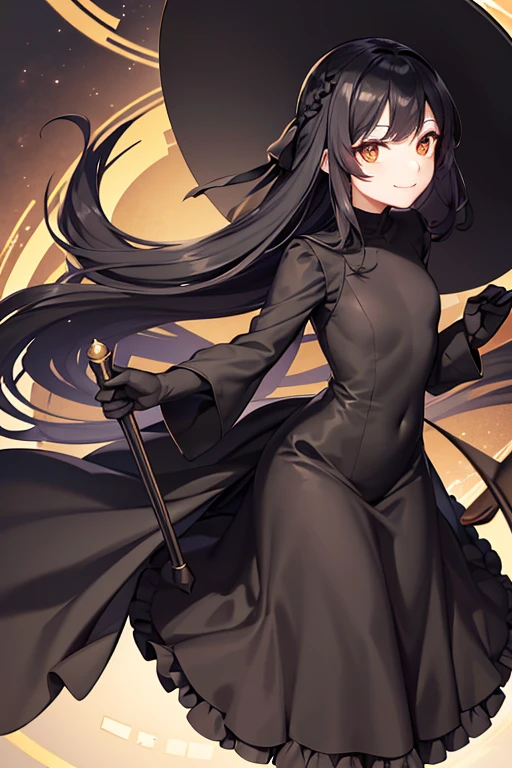 Women, old style long elegant black dress, elegant smile, elegant black gloves, small elegant black boots, black umbrella in the right hand, bright golden eyes, black hair, elegant black hat.