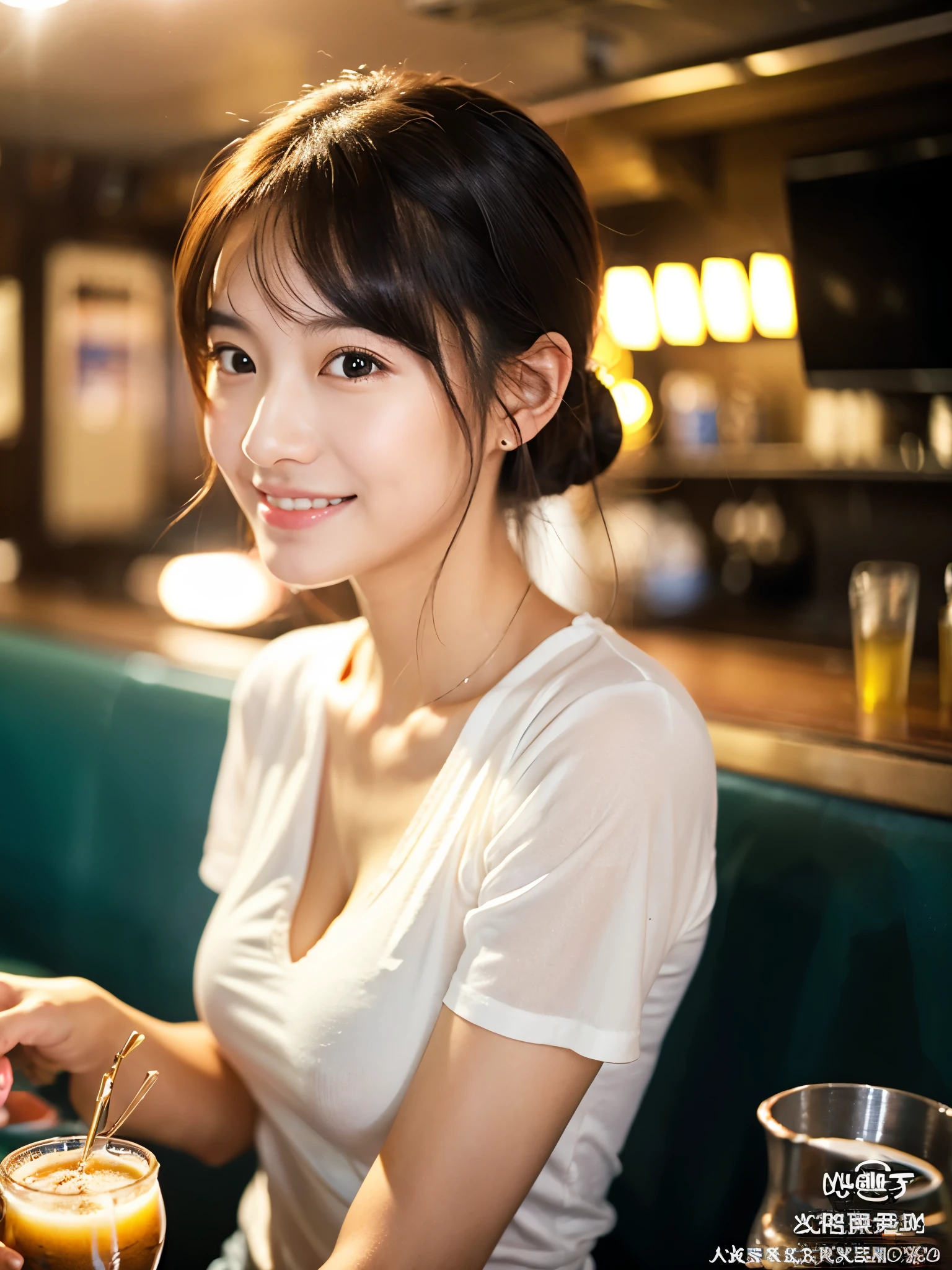 A very cute face like an idol、Looks like a young face、20-year-old female、Gentle and cute、A kind smile、((White, see-through Y-shirt))、((whole body像))、Cleavage、A crowded bar、Toast with a beer mug、Cinema lighting、Natural light、whole body、RAW Photos、Genuine、Artistic、(High level of artistry)、High quality that is indistinguishable from real life、realism、Real Stick、High resolution、masterpiece