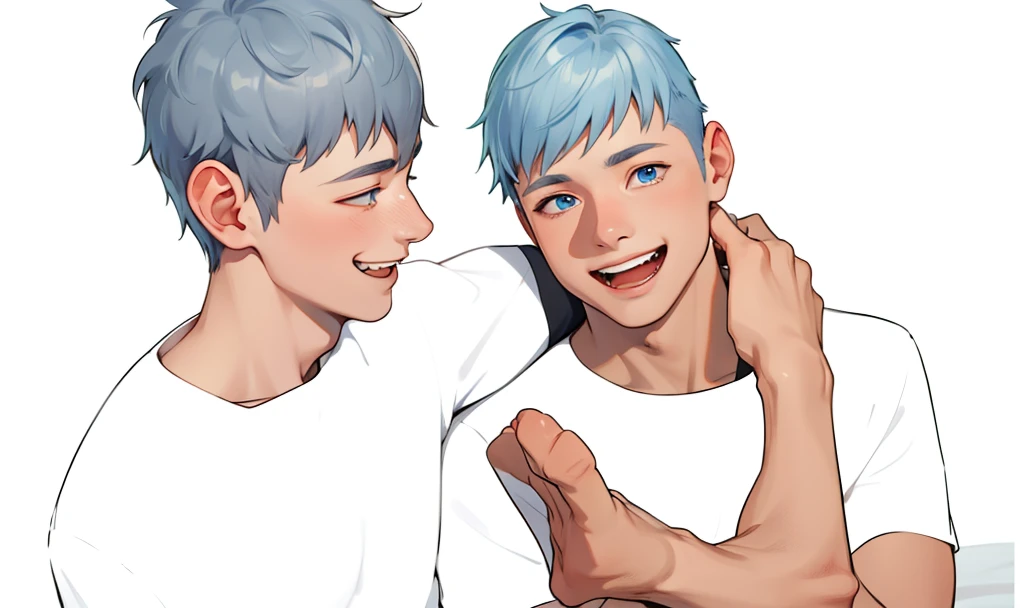 There are two cute Korean brothers, , blue eyes, gray hair, smiling, talking.