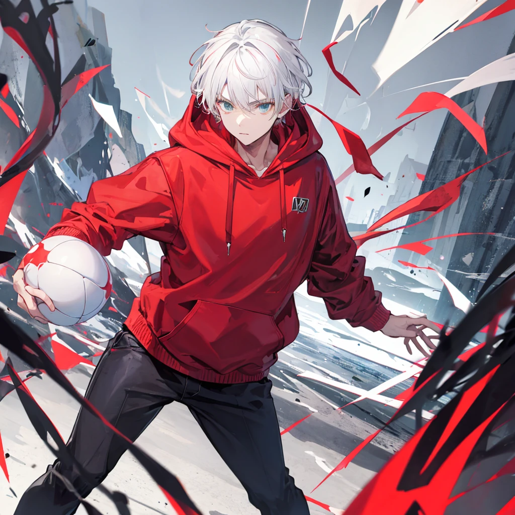 A man wearing a red hoodie with cool white hair holding a ball