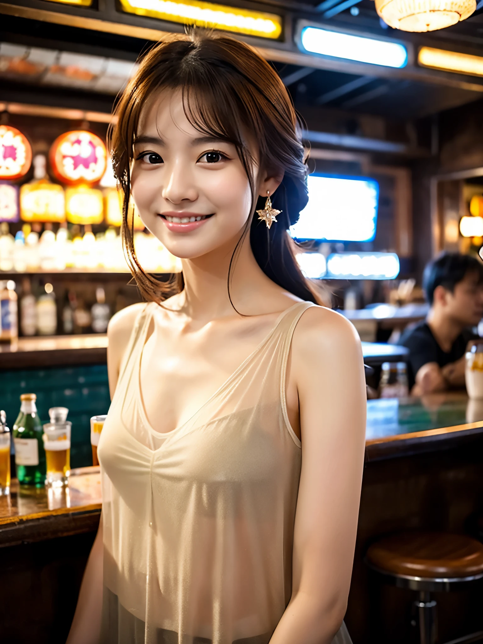 A very cute face like an idol、Looks like a young face、20-year-old female、Gentle and cute、A kind smile、((See-through clothes))、((whole body像))、、A crowded bar、Toast with a beer mug、Cinema lighting、Natural light、whole body、RAW Photos、Genuine、(Artistic)、High level of artistry、High quality that is indistinguishable from real life、realism、Real Stick、High resolution、masterpiece