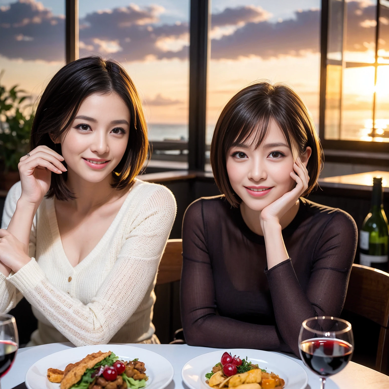 ((Highest quality、8K、masterpiece:1.3))、 (Ultra-realistic、 Genuine、Bright image、Intricate details:1.2), 最高のsmile、1 male 1 female、Beautiful couple、Lovey-dovey lovers、Happy Yokohama Lovers、Good friends、actress couple、smile、Full-course dinner at a packed table、 (Slim face), (the body is slim), (Brown Hair), (short hair), テーブルのwine glass、Please shine a light on my face、 Amazing view of the sunset sky and clouds、42 years old 39 years old, red wine 、Appetizers、Wine bottle、sparkling wine、Long sleeve shirt、dress、White wine, red wine, wine glass, 