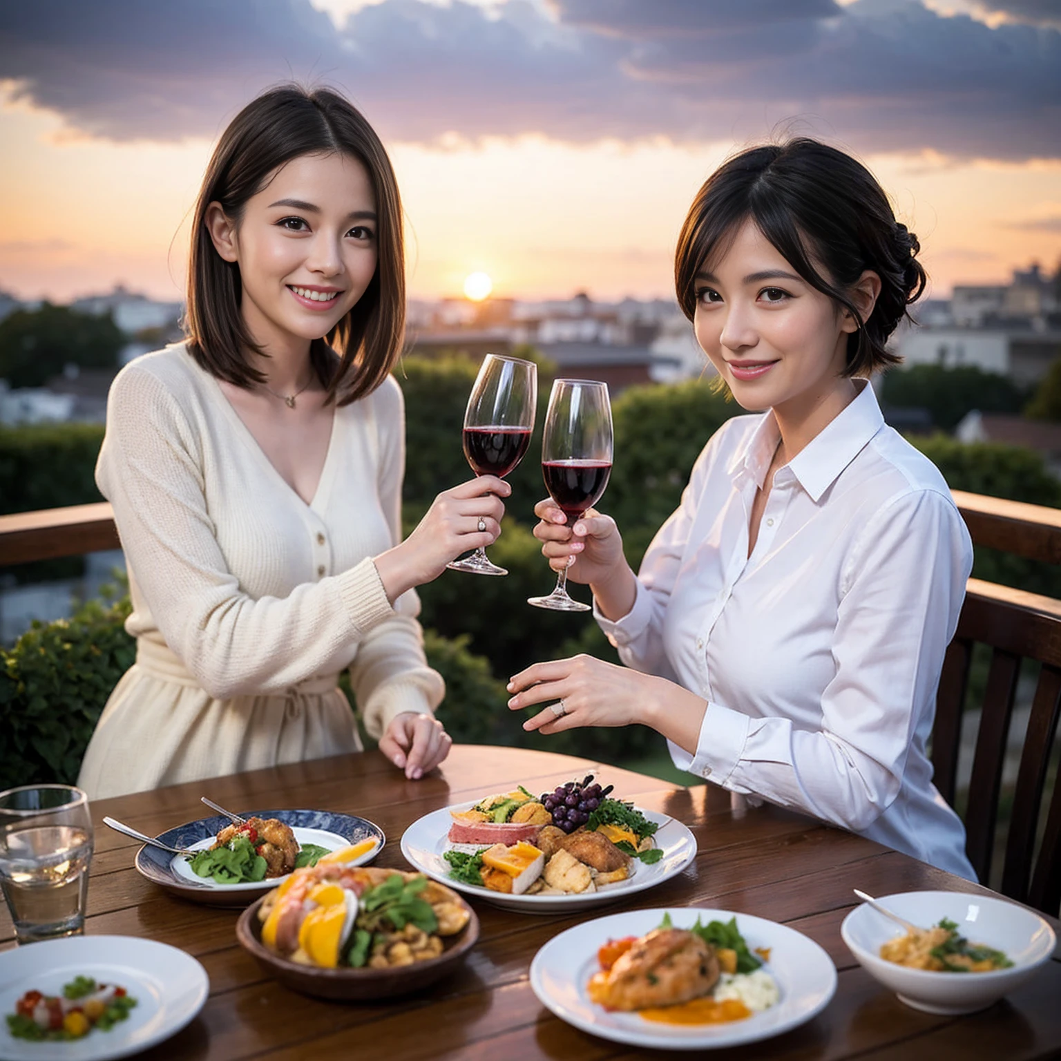 ((Highest quality、8K、masterpiece:1.3))、 (Ultra-realistic、 Genuine、Bright image、Intricate details:1.2), 最高のsmile、1 male 1 female、Beautiful couple、Lovey-dovey lovers、Happy Yokohama Lovers、Good friends、actress couple、smile、Full-course dinner at a packed table、 (Slim face), (the body is slim), (Brown Hair), (short hair), テーブルのwine glass、Please shine a light on my face、 Amazing view of the sunset sky and clouds、42 years old 39 years old, red wine 、Appetizers、Wine bottle、sparkling wine、Long sleeve shirt、dress、White wine, red wine, wine glass, 