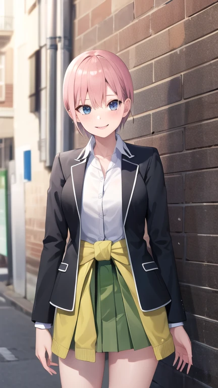 masterpiece, best quality, highres, aaichika, short hair, white shirt, collared shirt, black jacket, blazer, open jacket, long sleeves, clothes around waist, green skirt, pleated skirt, cowboy shot, standing, outdoors, smile,
