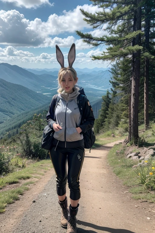 Imagine an anthropomorphic rabbit with long, erect ears., shiny black eyes and a small round nose. Wear appropriate clothing for hiking, like sturdy boots, trekking pants and a light backpack. She is standing on a mountain trail with majestic mountains in the distance and lush trees around her..