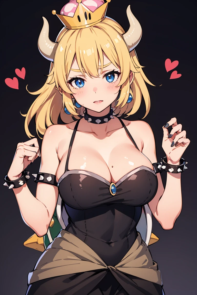 best quality, high resolution, large breasts, blonde hair, blush, embarrassed, cowboy shot, looking at viewer, bowsette, pink lip