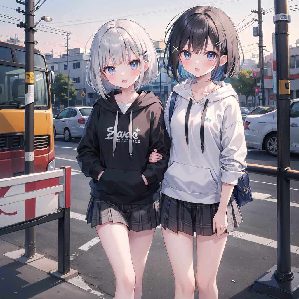 Highest quality、masterpiece、(A girl with bright silver short bob hair,hairpin)、(Man with black hair wearing a hoodie)、(School,On the way home from school,evening,)