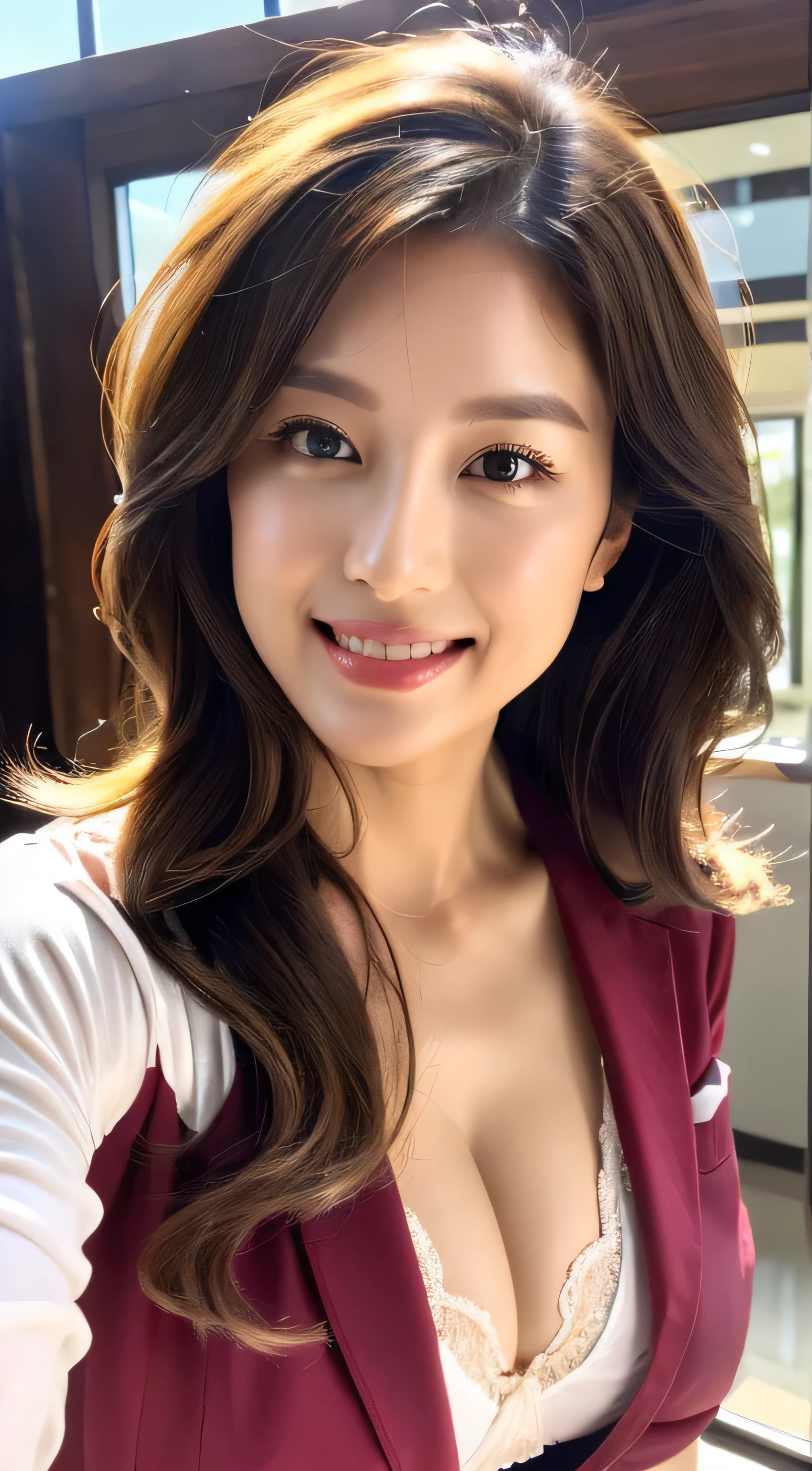 Beautiful detailed face、Pale skin、Realistic glowing skin、Detailed cloth texture、Detailed hair texture、Perfect body、Beautiful Face、correct、Anatomically correct、 Highly detailed face and skin texture、Natural neck length、(Beautiful Hands)、(Fair skin:1.2)、Thin legs、Thin legs、 Break Fine Eyes、Symmetrical eyes、Light brown eyes、double eyelid、Thin eyebrows、(Glossy Lips:1.4)、((Gentle smile:1.2))、(blush:1.1)、 BREAK (Elegant and cute girl:1.3)、Medium-sized large breasts、(Slim body type:1.1)、Toned Abs、Beautiful clavicle、 (dark blonde、Wavy Hair、Long Hair:1.2)、 ((Asymmetrical bangs:1.2))、(Cowboy Shot:1.2)、Side view:0.65、 ((wearing a crimson suit, shirt, white skirt:1.2),full figure supermodel standing, entire body in frame、