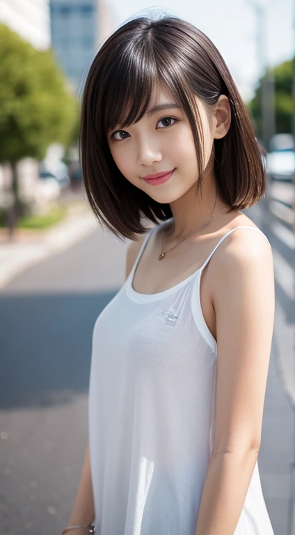 Ultra-high resolution, Superior Quality, Highest quality, Very detailed, Realistic, 8k, RAW Photos, Highest quality, masterpiece, Attractive girl, Awesome girl, Brown Hair, Shoulder-length layers, 非対称のbangs, K-POPアイドル, Sophisticated, stylish, Shibuya Ward, ((masterpiece)),(((Highest quality))),Thin thighs,Long legs,The background is a park,bangs,A small smile,Random Pause，cute女の子，Slender girl，(Photo realistic:1.4), (hyper Realisticな:1.4), (Realisticな:1.3), (Smooth lighting:1.05), One Girl, Pure beauty, Age 19. Lovely, cute, Tank top, White Skirt、Warm Light, Realistic lighting. Backlight、Facial Light, (Cheerfulness:1.2). (Improved image quality:1.4). (Top quality real texture skins). Finely grained. The small face of a skinny girl. Proudly. Pointed jaws. Face close-up.  Gravure Idol Pose Slender. Glowing Skin,The best smile