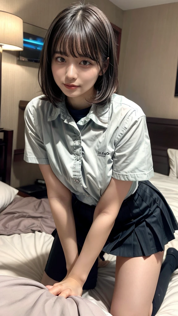 masterpiece, best quality, illustration, Super detailed, fine details, High resolution, 8K,wall paper, perfect dynamic composition,(Details High quality, realistic depiction of eyes:1.3), (collared shirt:1.1), pleated skirt, knee high socks, plump breast, saggy breasts、expresses the roundness and softness of your chest, Don't expose it, short bob hair, black hair color, Big Natural Color Lip, (perfect body shape), crying a little、20 year old girl、cute type、beautiful legs, hotel room, Gravure Idol,  large hip, getting pounded from behind, on all fours
